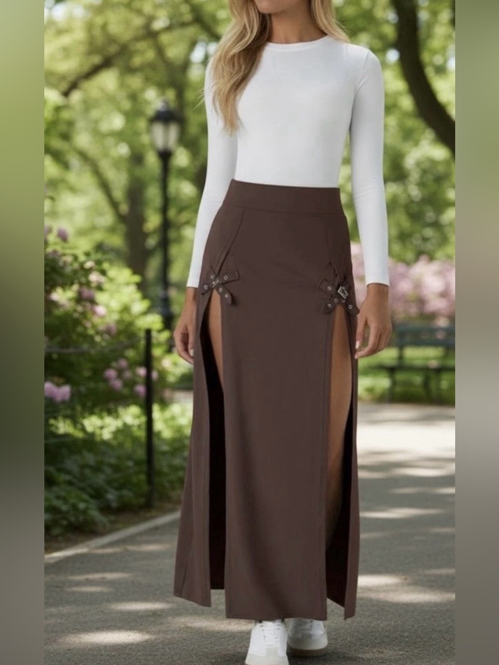 New Halara High Waisted Decorative Buckle Split Maxi Casual Skirt-Brown - Small